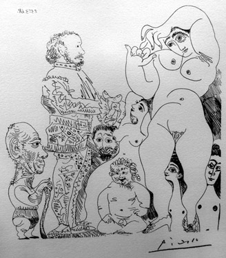На рисунке «Пикассо с тростью и актер, смотрящий на женщину», художник изобразил себя в виде карлика